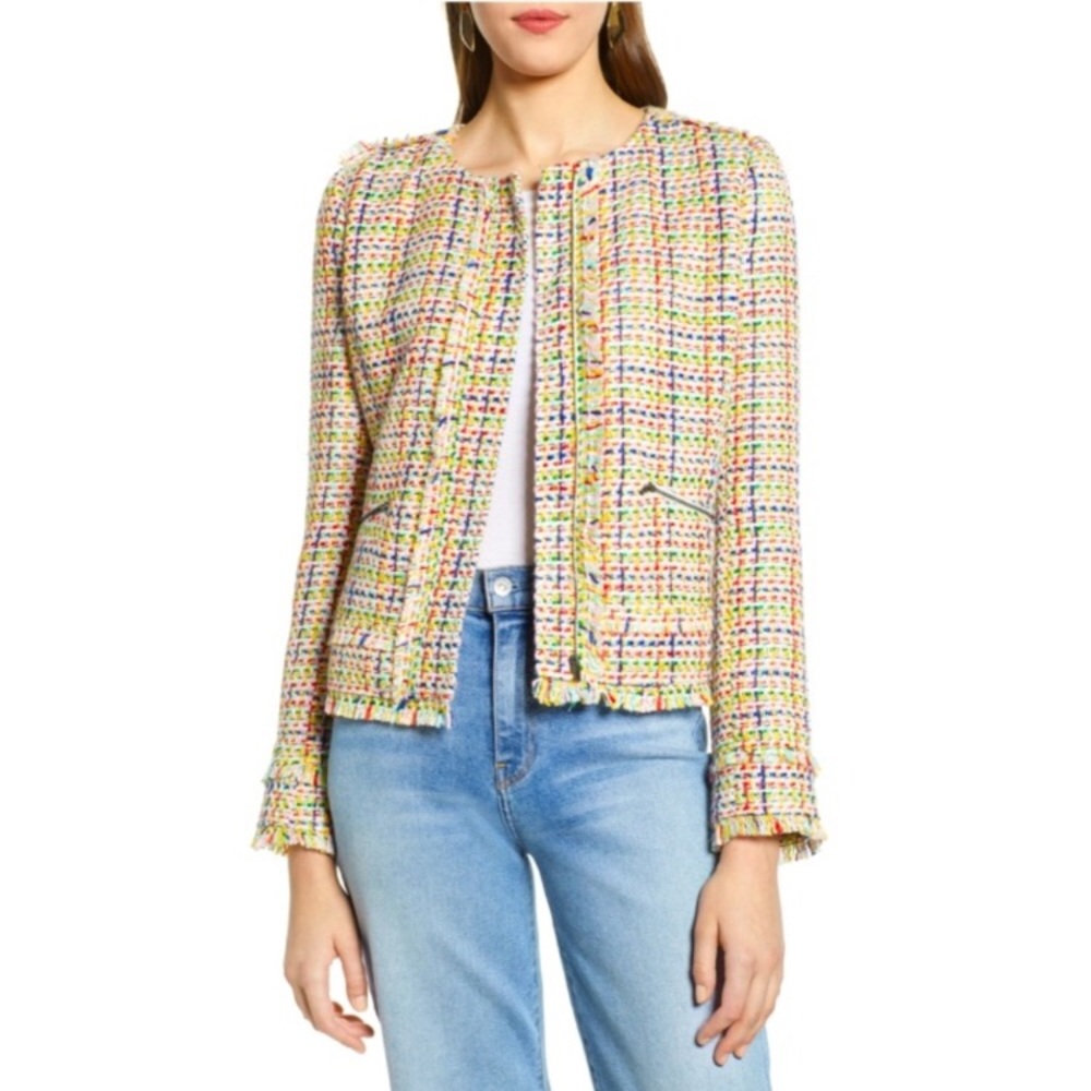 HALOGEN | Rainbow Multi-Color Fringe Tweed Blazer